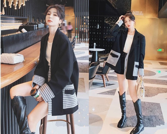 Patchwork houndstooth pattern blazer, designer woman suit jacket loose fit smart casual formal office outdoors wedding suit