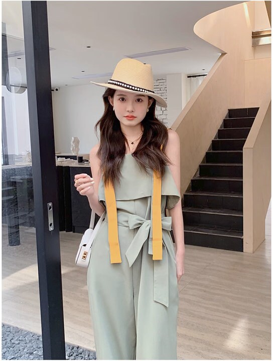 Patchwork wide legs jumpsuit, designer woman jumpsui smart casual office outdoors party wedding event