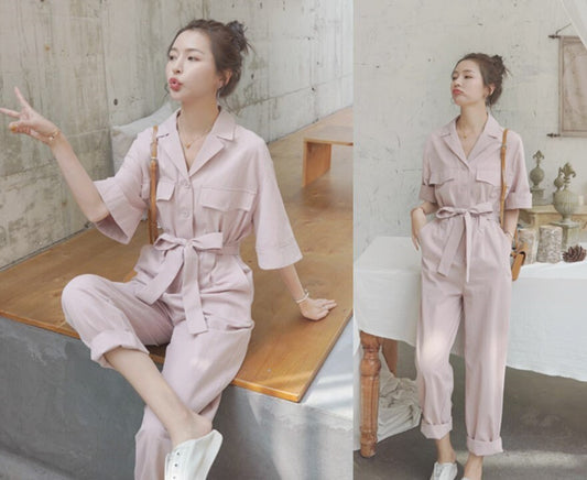 Pastel pink jumpsuit, designer woman minimalist style jumpsuit smart casual office outdoors party wedding event