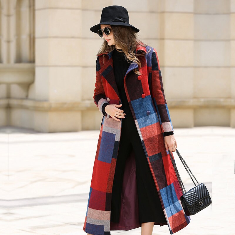 Wool Long Coat,Plaid Double Breasted Wool Blend Coat,Women's coat,Thick woolen coat,Winter Overcoat Outerwear for outdoors wedding cocktail