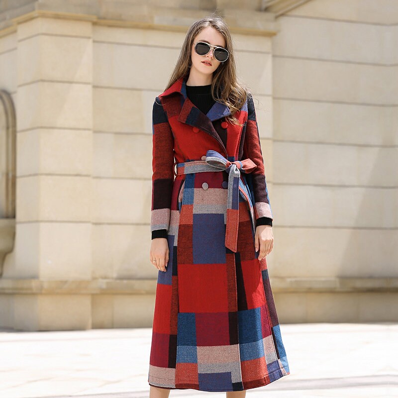 Wool Long Coat,Plaid Double Breasted Wool Blend Coat,Women's coat,Thick woolen coat,Winter Overcoat Outerwear for outdoors wedding cocktail