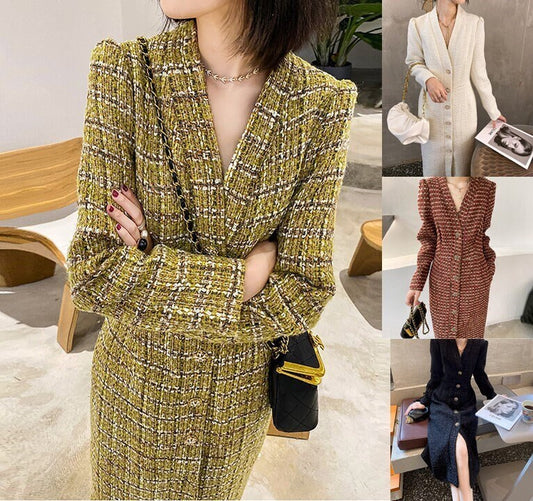 Women's V-Neck Tweed Wool Coat,Single Breasted Wool Trench Dress,Fall Winter Trench Coat,Wool Blend Over Coat,Long Dress,Tweed winter coat