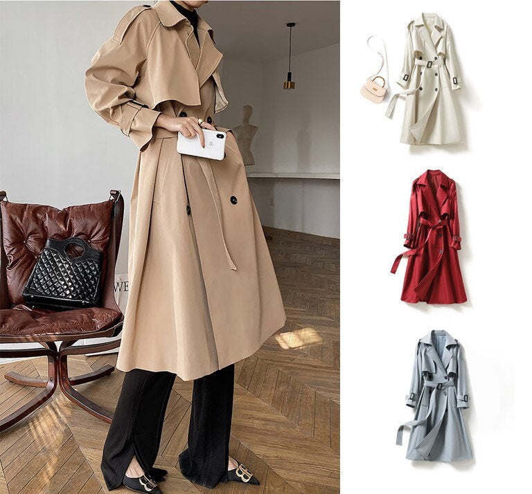 Women's Classic Khaki Double Breasted Cotton Blend Trench Coat,Oversize Trench Coat,Spring Red Trench,Blue Rain Coat,Black Long Duster Coat