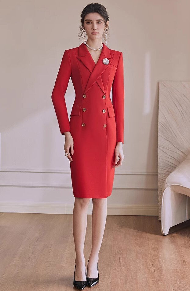 Double Breasted Blazer Dress,Red Trench Dress,Wheat Long Sleeves Suit Dress,Black Trench Dress,Blazer Dress,Business Attire Sexy Office Wear