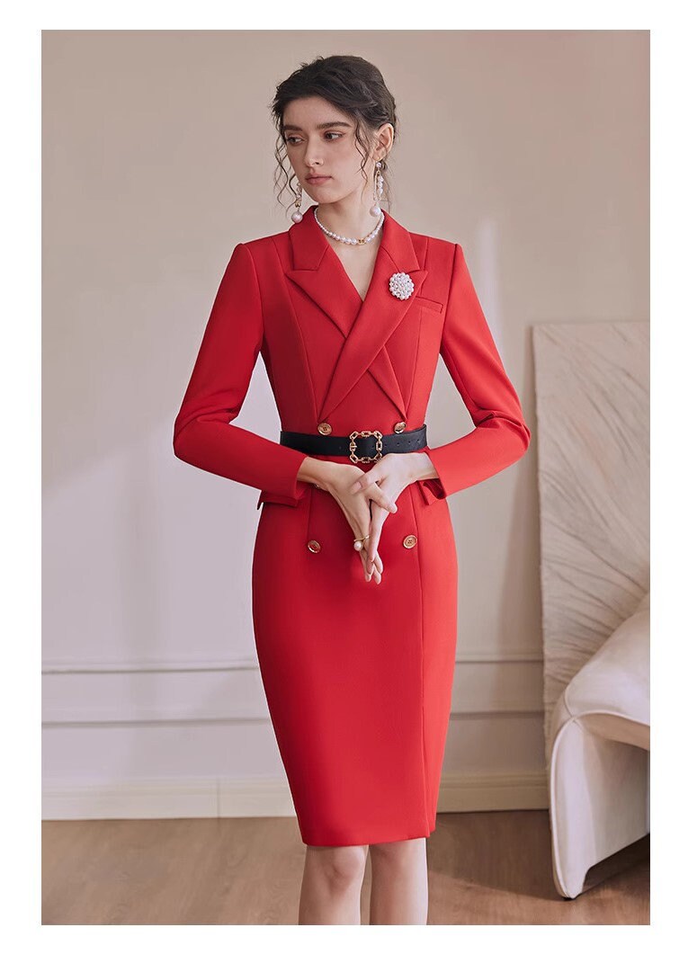 Double Breasted Blazer Dress,Red Trench Dress,Wheat Long Sleeves Suit Dress,Black Trench Dress,Blazer Dress,Business Attire Sexy Office Wear