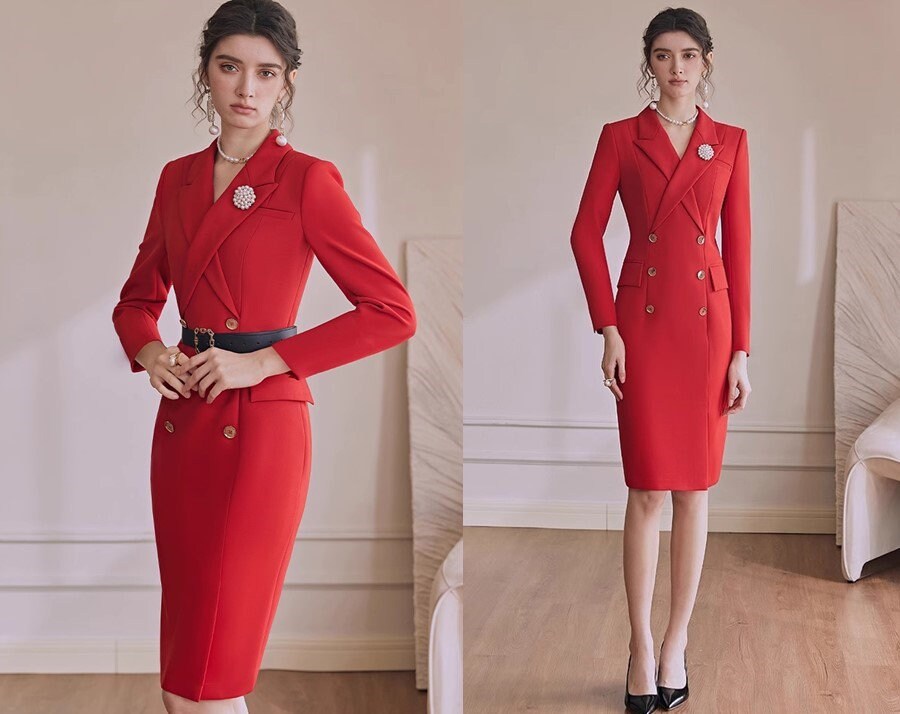 Double Breasted Blazer Dress,Red Trench Dress,Wheat Long Sleeves Suit Dress,Black Trench Dress,Blazer Dress,Business Attire Sexy Office Wear