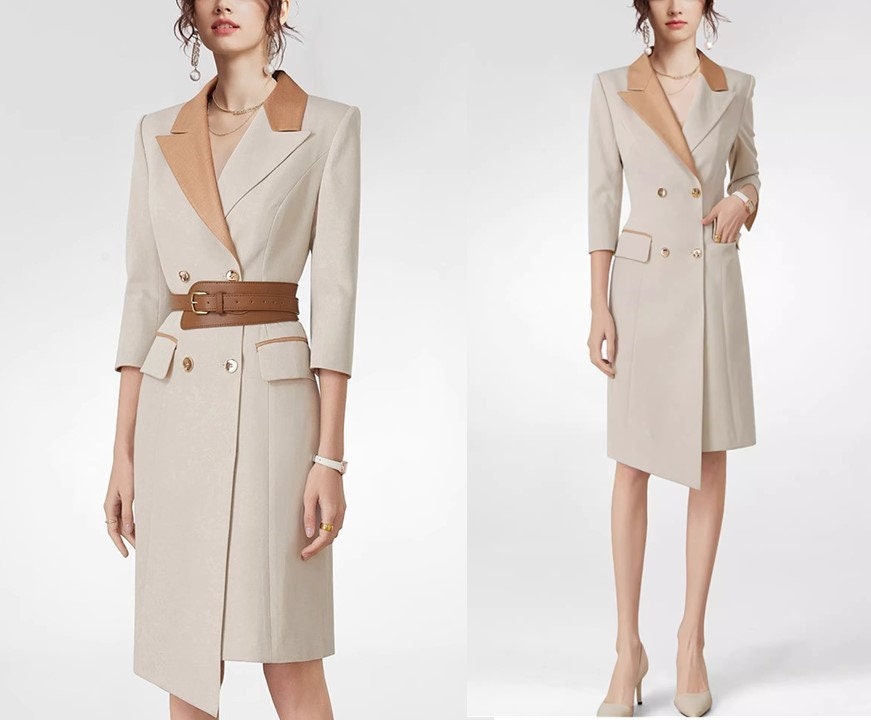 Double Breasted Blazer Dress, Trench Dress,Wheat Long Sleeves Suit Dress, Trench Dress,Blazer Dress,Business Attire Sexy Office Wear