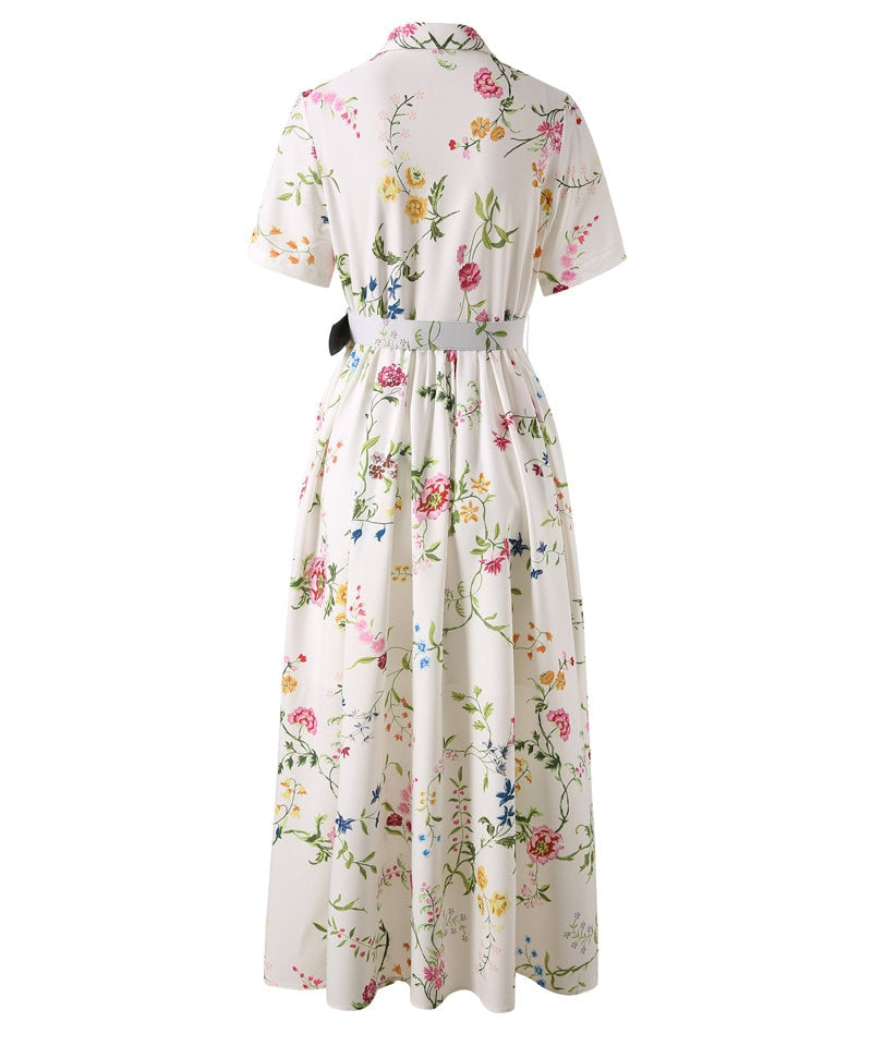 Floral print beaded midi shirt dress with belt, designer long spring summer dress casual wedding cocktail beach prom office