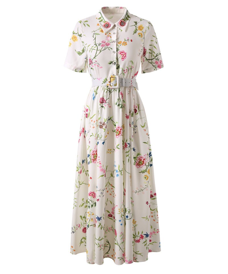 Floral print beaded midi shirt dress with belt, designer long spring summer dress casual wedding cocktail beach prom office