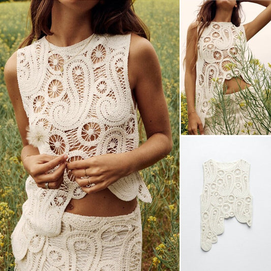 Knitted crochet sleeveless top, designer woman sexy asymmetric vest floral pattern for holidays beach outdoors home wear