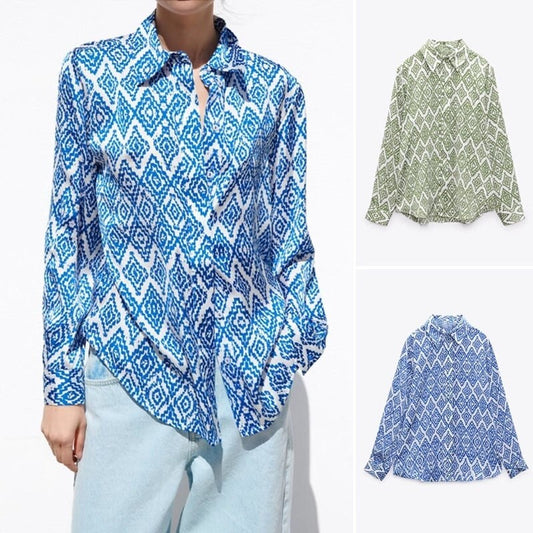 Pattern print blouse blue/green, designer women loose fit casual wear collar shirt for holidays beach outdoors office daily wear