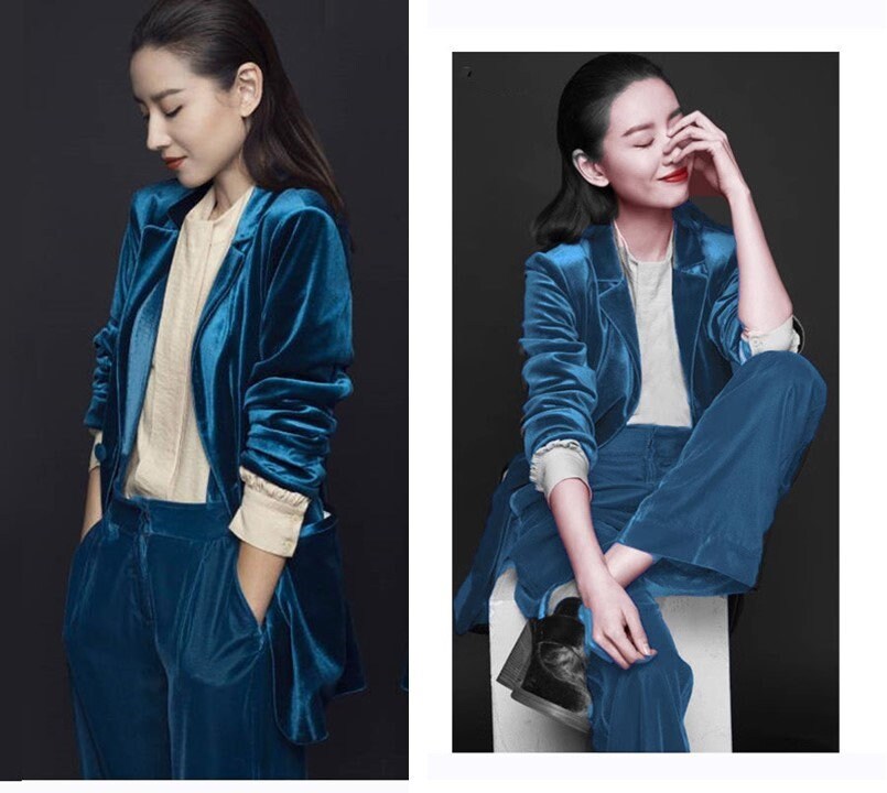 Shiny Blue Pantsuit, Designer Woman Suit Jacket + Pants Deluxe for Smart Casual/ Formal/ Party Event/ Gift