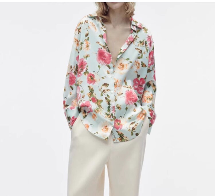 Women floral print blouse, designer loose fit flower pattern summer button shirt smart casual party wedding office event beach