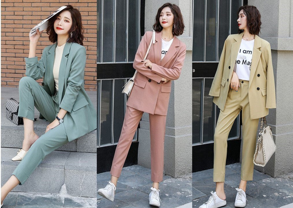 Green/Yellow/ Pink summer Pantsuit, Plus size Designer Woman Suit Jacket + Pants Slim Cut Suit set Smart Casual/ Formal/ Party Event