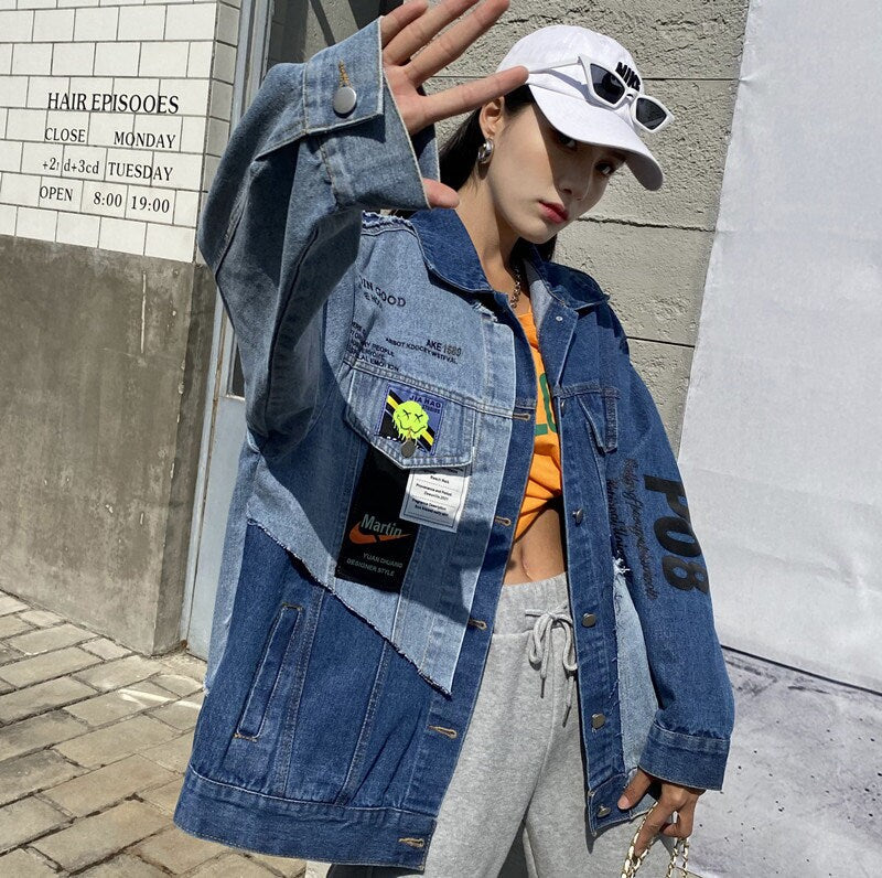 Patchwork loose fit denim jacket, designer woman streetwear asymmetric jacket smart casual/ party event/ office outdoors