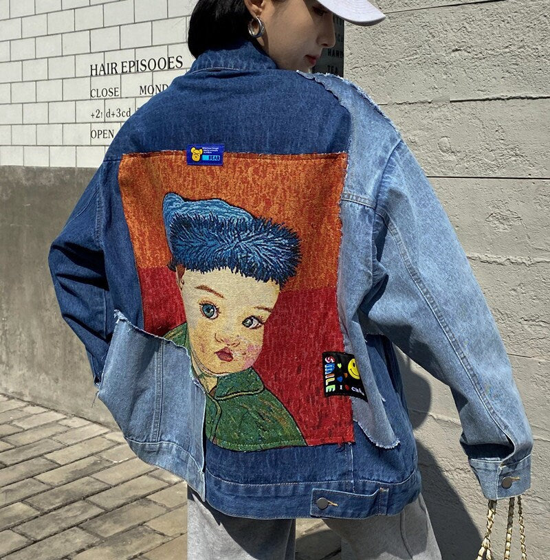 Patchwork loose fit denim jacket, designer woman streetwear asymmetric jacket smart casual/ party event/ office outdoors