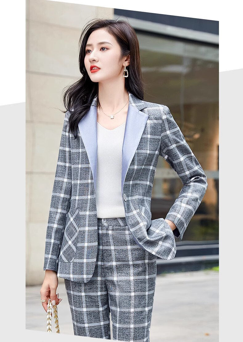 Checkered pink/gray collar pantsuit, designer woman suit set, slim cut blazer+ crop legs pants, wedding office formal smart casual