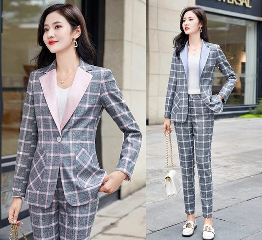 Checkered pink/gray collar pantsuit, designer woman suit set, slim cut blazer+ crop legs pants, wedding office formal smart casual