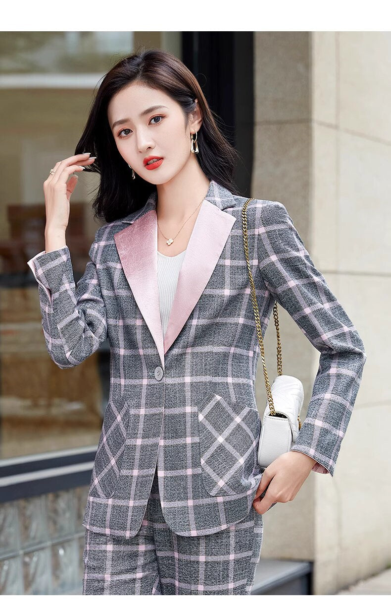 Checkered pink/gray collar pantsuit, designer woman suit set, slim cut blazer+ crop legs pants, wedding office formal smart casual