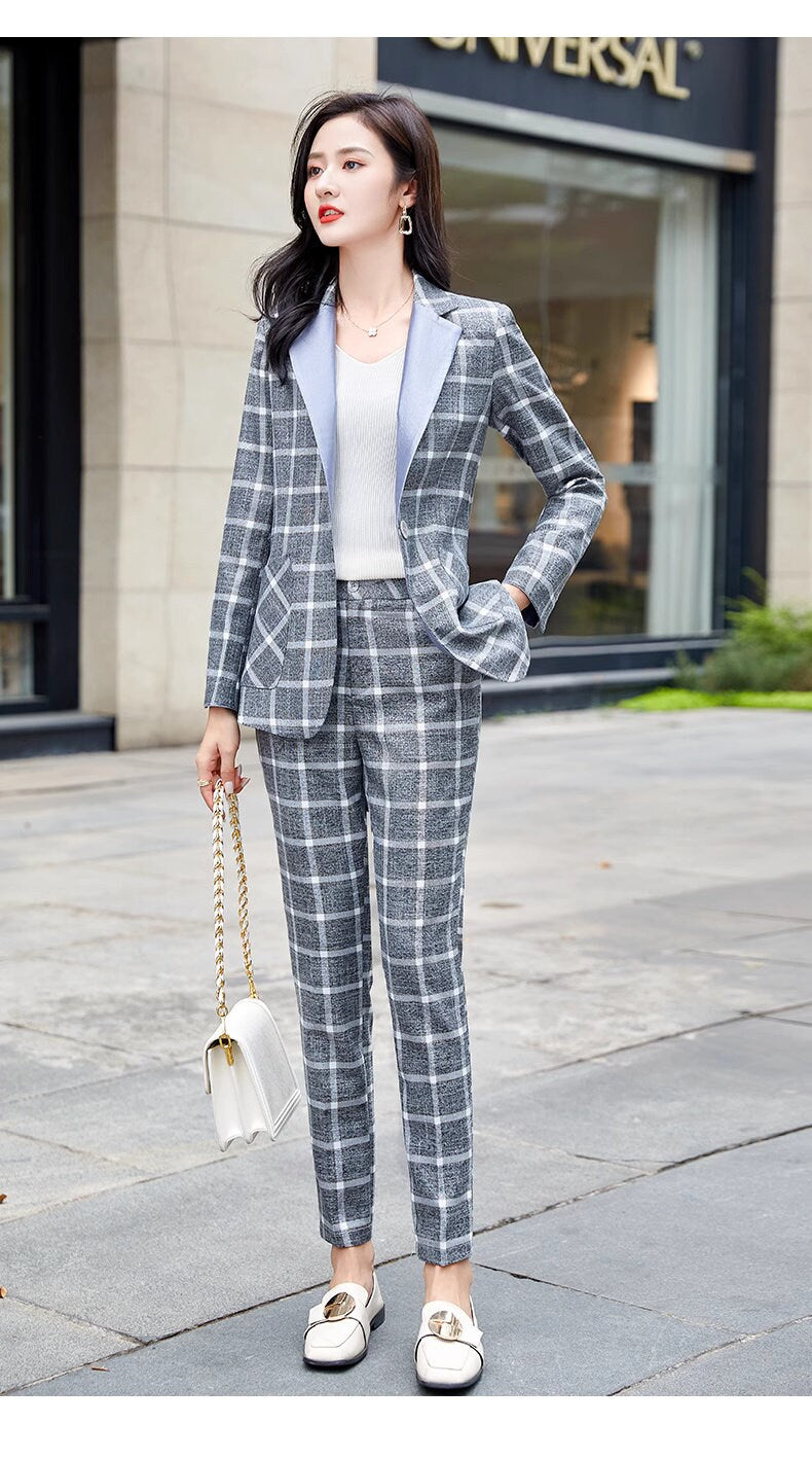 Checkered pink/gray collar pantsuit, designer woman suit set, slim cut blazer+ crop legs pants, wedding office formal smart casual