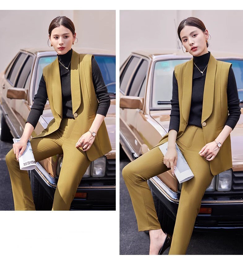 Button suit vest + pants, designer woman waist coat orange, green, black suit set elegant cool wear smart casual formal wedding office