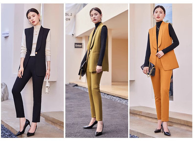 Button suit vest + pants, designer woman waist coat orange, green, black suit set elegant cool wear smart casual formal wedding office