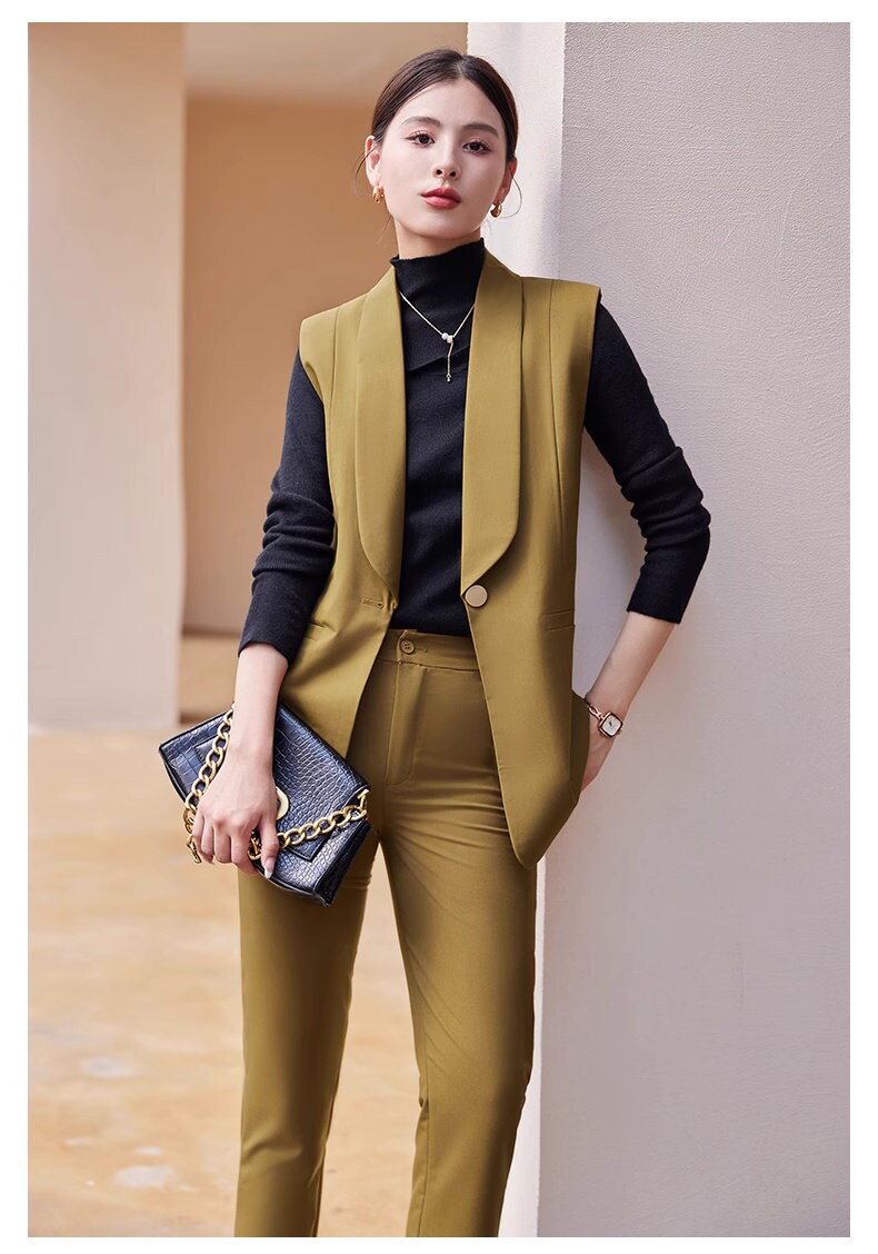 Button suit vest + pants, designer woman waist coat orange, green, black suit set elegant cool wear smart casual formal wedding office