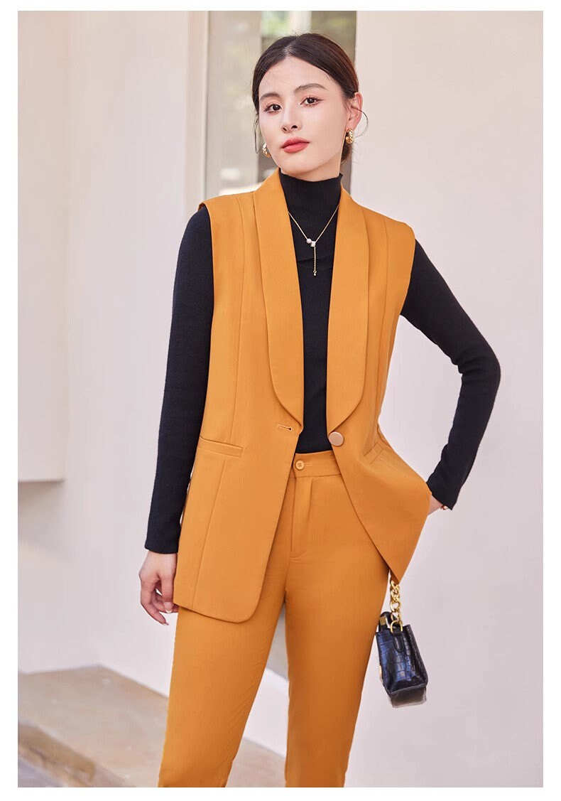 Button suit vest + pants, designer woman waist coat orange, green, black suit set elegant cool wear smart casual formal wedding office