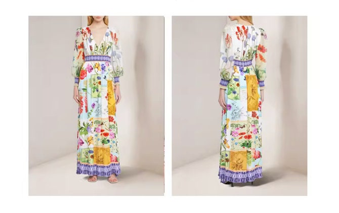 Bohemian floral maxi dress, designer woman slim cut colorful long dress beach everyday casual outdoors wedding party