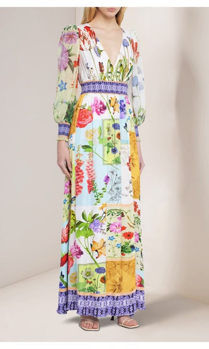 Bohemian floral maxi dress, designer woman slim cut colorful long dress beach everyday casual outdoors wedding party