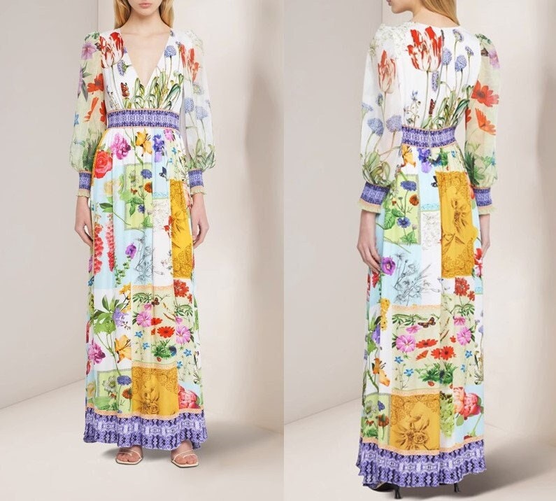 Bohemian floral maxi dress, designer woman slim cut colorful long dress beach everyday casual outdoors wedding party