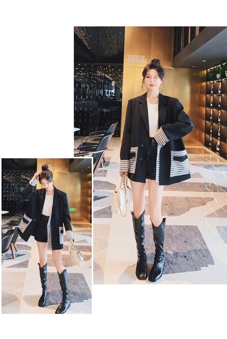 Patchwork houndstooth pattern blazer, designer woman suit jacket loose fit smart casual formal office outdoors wedding suit