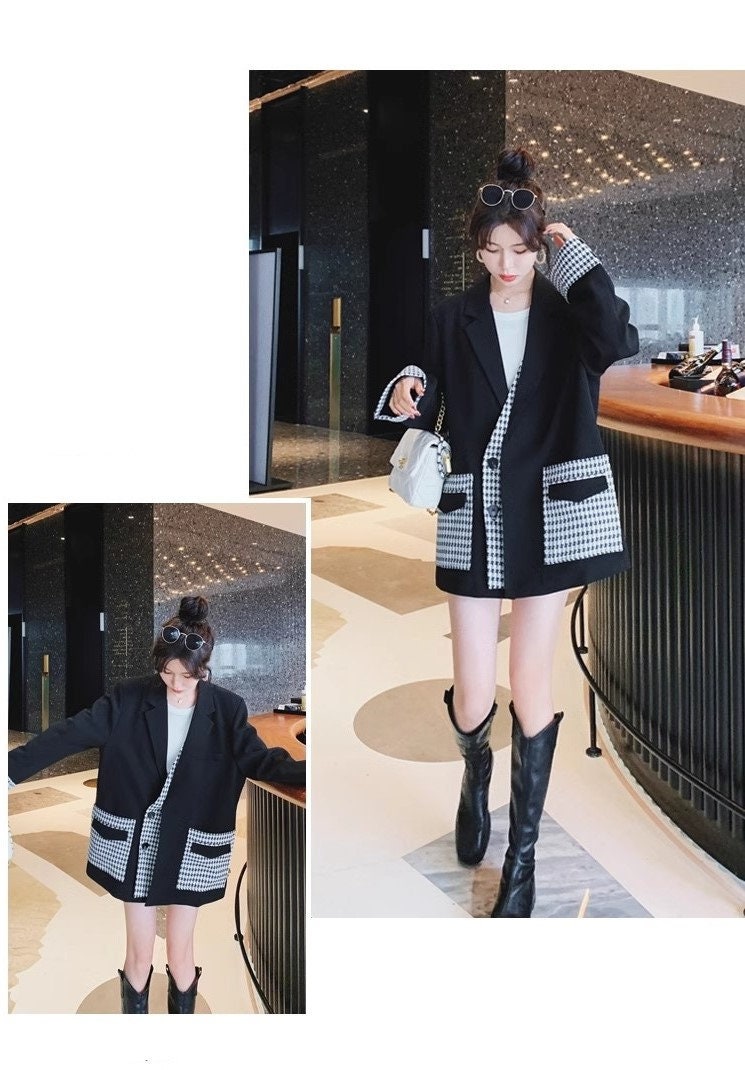 Patchwork houndstooth pattern blazer, designer woman suit jacket loose fit smart casual formal office outdoors wedding suit