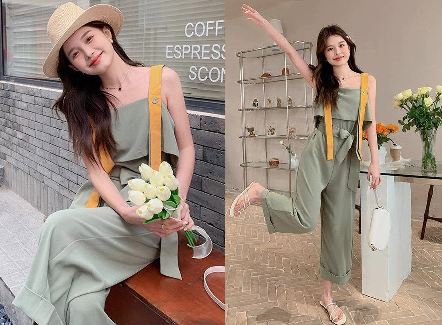 Patchwork wide legs jumpsuit, designer woman jumpsui smart casual office outdoors party wedding event