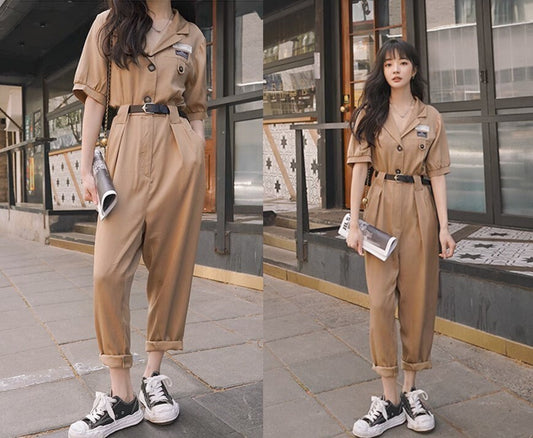 Brown jumpsuit, designer woman minimalist style jumpsuit smart casual office outdoors party wedding event