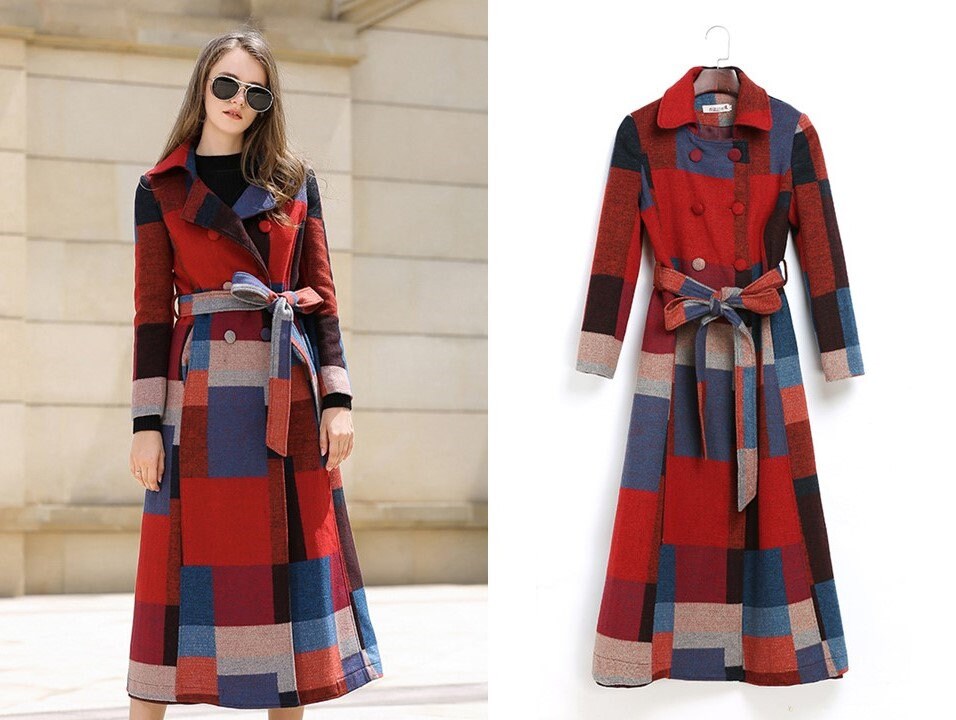 Wool Long Coat,Plaid Double Breasted Wool Blend Coat,Women's coat,Thick woolen coat,Winter Overcoat Outerwear for outdoors wedding cocktail