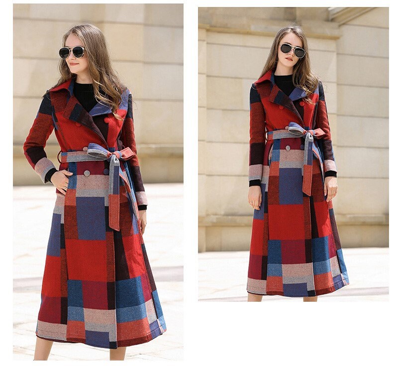 Wool Long Coat,Plaid Double Breasted Wool Blend Coat,Women's coat,Thick woolen coat,Winter Overcoat Outerwear for outdoors wedding cocktail