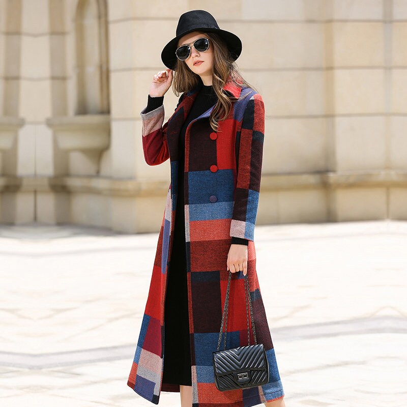 Wool Long Coat,Plaid Double Breasted Wool Blend Coat,Women's coat,Thick woolen coat,Winter Overcoat Outerwear for outdoors wedding cocktail