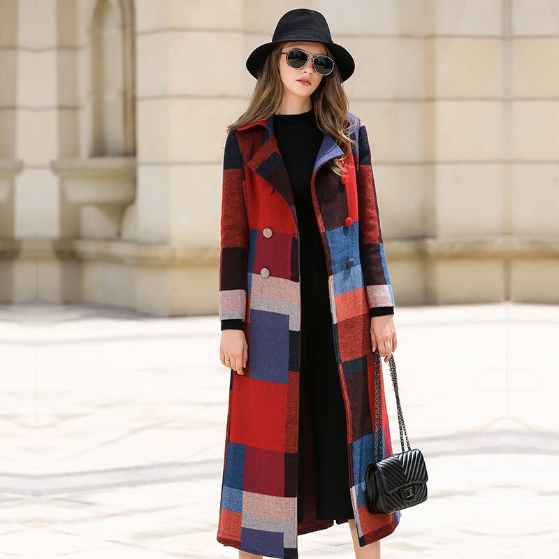 Wool Long Coat,Plaid Double Breasted Wool Blend Coat,Women's coat,Thick woolen coat,Winter Overcoat Outerwear for outdoors wedding cocktail