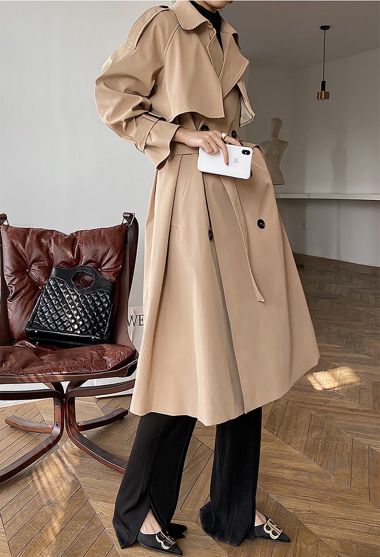 Women's Classic Khaki Double Breasted Cotton Blend Trench Coat,Oversize Trench Coat,Spring Red Trench,Blue Rain Coat,Black Long Duster Coat