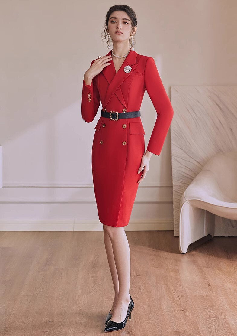 Double Breasted Blazer Dress,Red Trench Dress,Wheat Long Sleeves Suit Dress,Black Trench Dress,Blazer Dress,Business Attire Sexy Office Wear