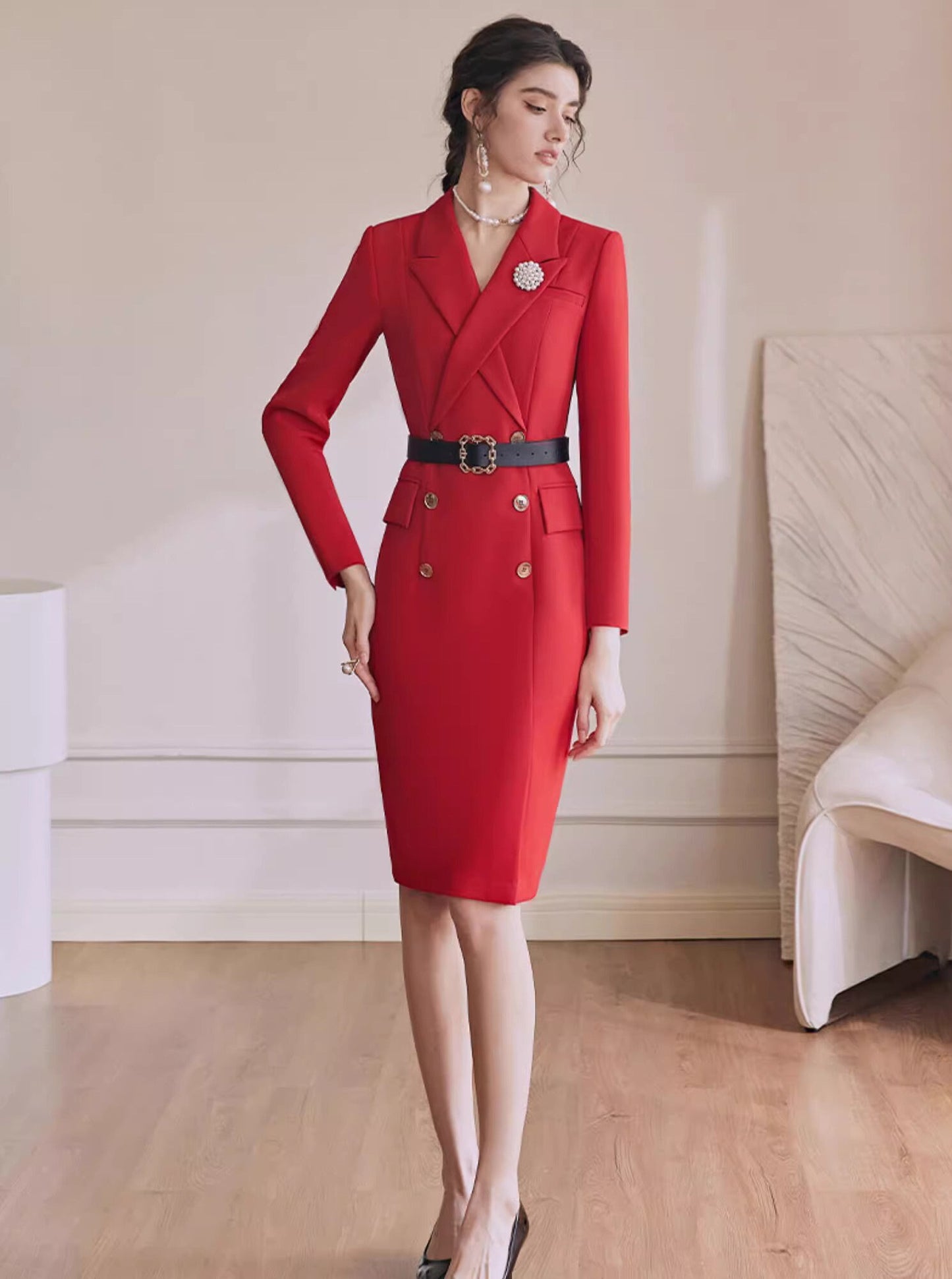 Double Breasted Blazer Dress,Red Trench Dress,Wheat Long Sleeves Suit Dress,Black Trench Dress,Blazer Dress,Business Attire Sexy Office Wear