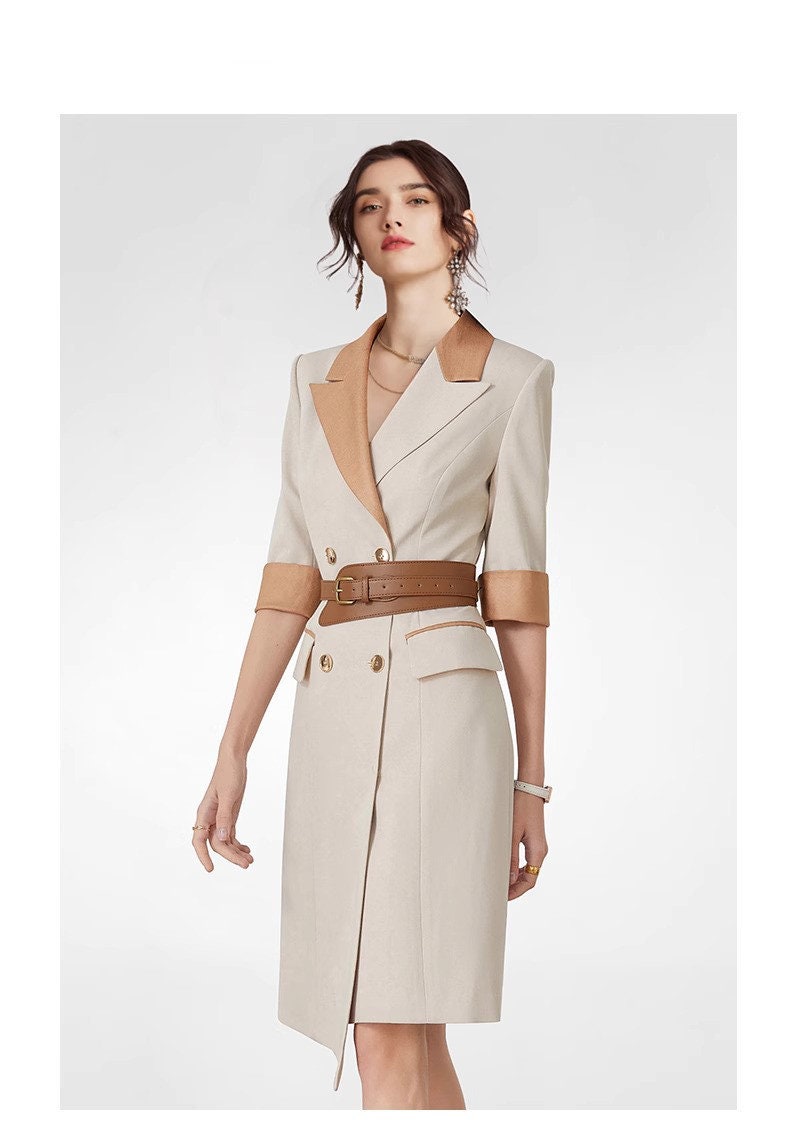 Double Breasted Blazer Dress, Trench Dress,Wheat Long Sleeves Suit Dress, Trench Dress,Blazer Dress,Business Attire Sexy Office Wear