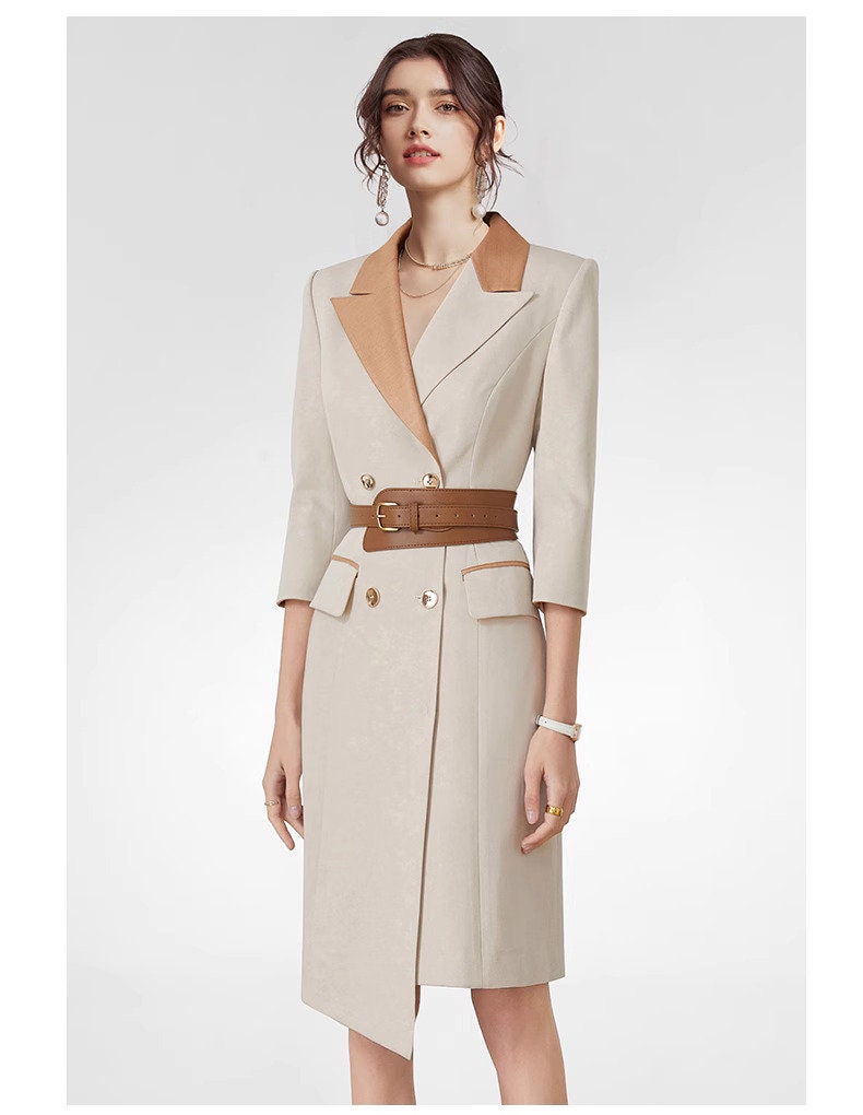 Double Breasted Blazer Dress, Trench Dress,Wheat Long Sleeves Suit Dress, Trench Dress,Blazer Dress,Business Attire Sexy Office Wear