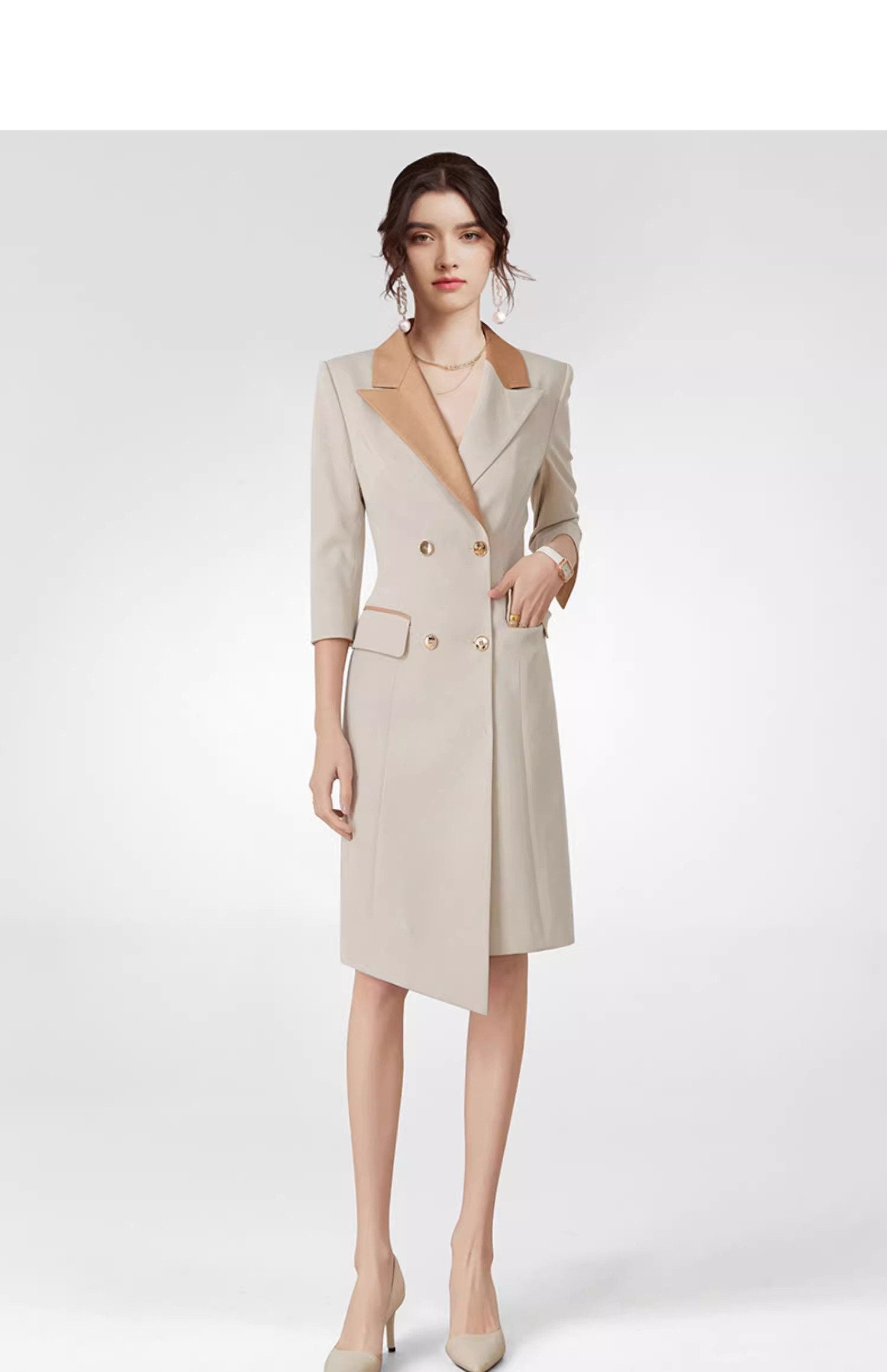 Double Breasted Blazer Dress, Trench Dress,Wheat Long Sleeves Suit Dress, Trench Dress,Blazer Dress,Business Attire Sexy Office Wear