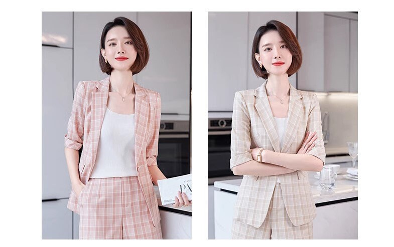 Checkered pink/ khaki pantsuit, designer woman suit set, slim cut short sleeved blazer+ shorts, wedding office formal smart casual