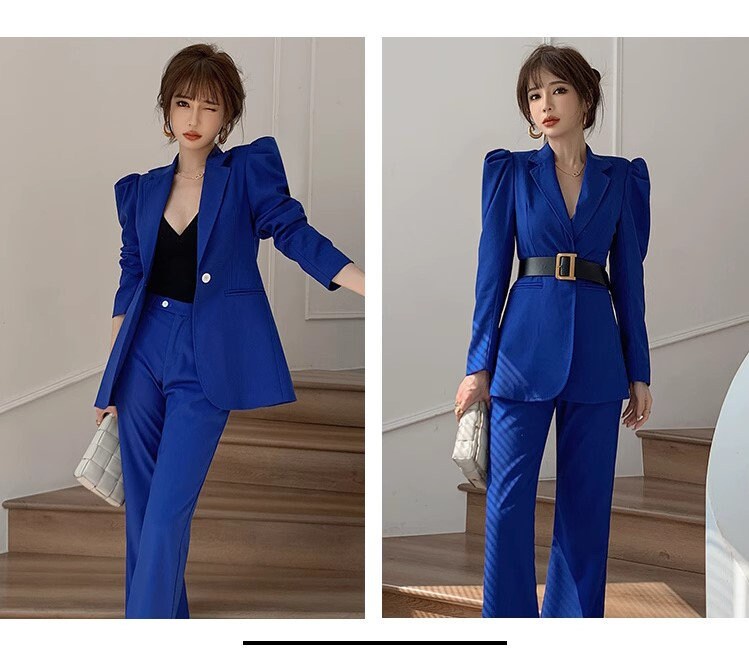 Blue pointed shoulder pantsuit with belt, designer woman slim cut suit set, puffy sleeves blazer+ boot legs pants, wedding office formal