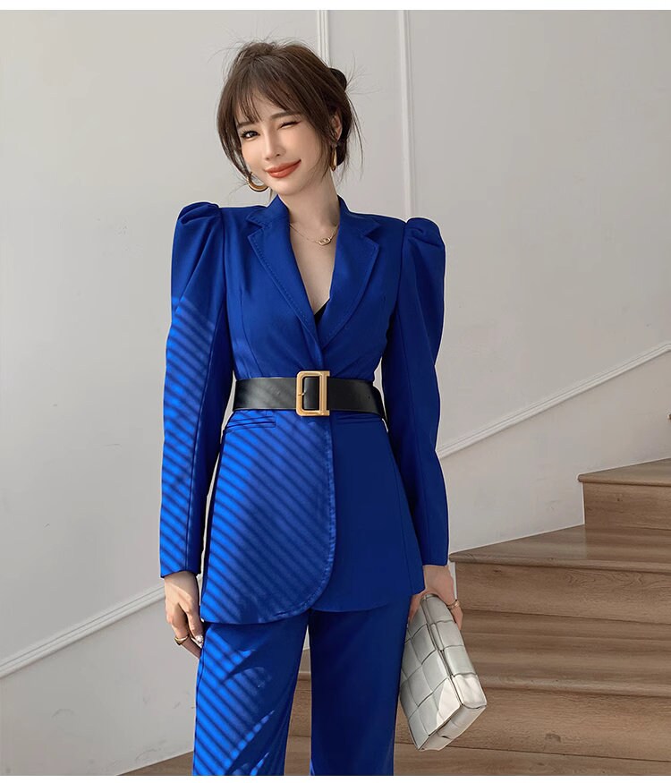 Blue pointed shoulder pantsuit with belt, designer woman slim cut suit set, puffy sleeves blazer+ boot legs pants, wedding office formal