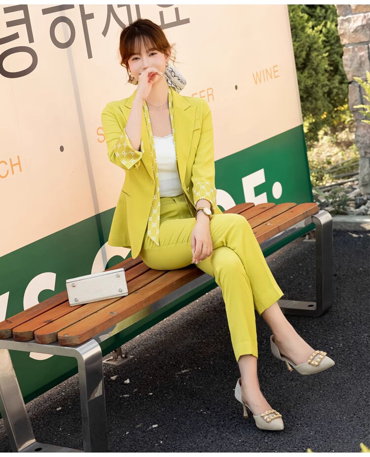 Sharp greenish yellow pantsuit, designer woman suit set, slim cut blazer+ pants, wedding office formal smart casual