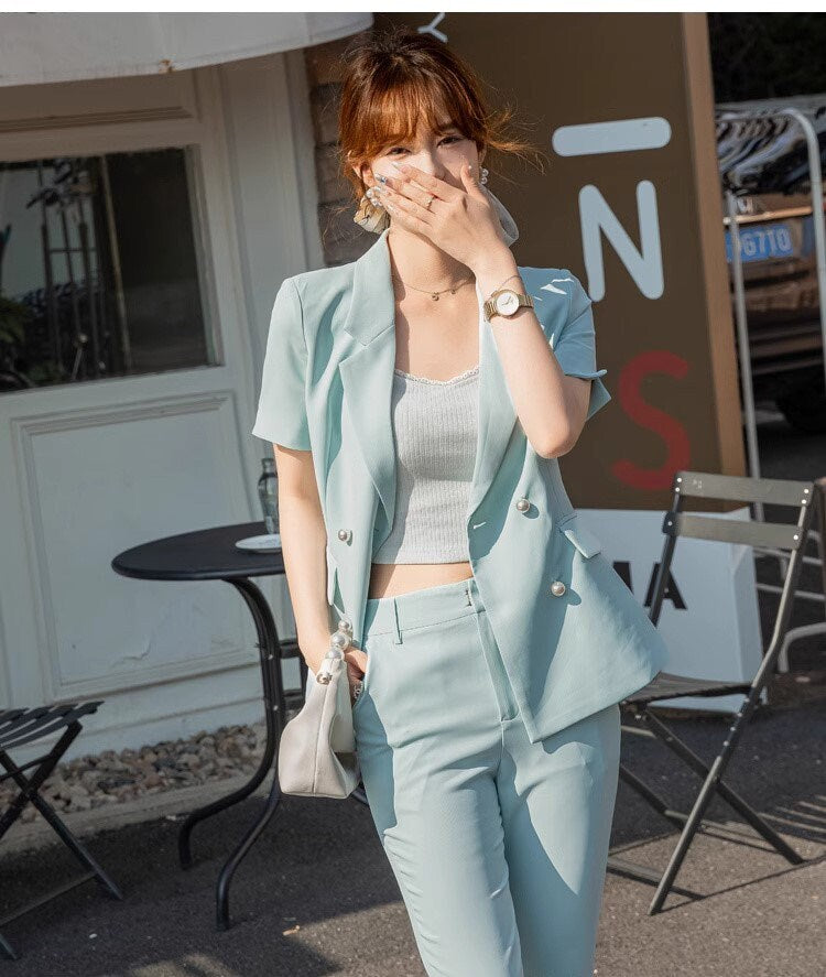 Light blue shot sleeved pantsuit, designer woman suit set, slim cut blazer+ boot legs pants, wedding office formal smart casual